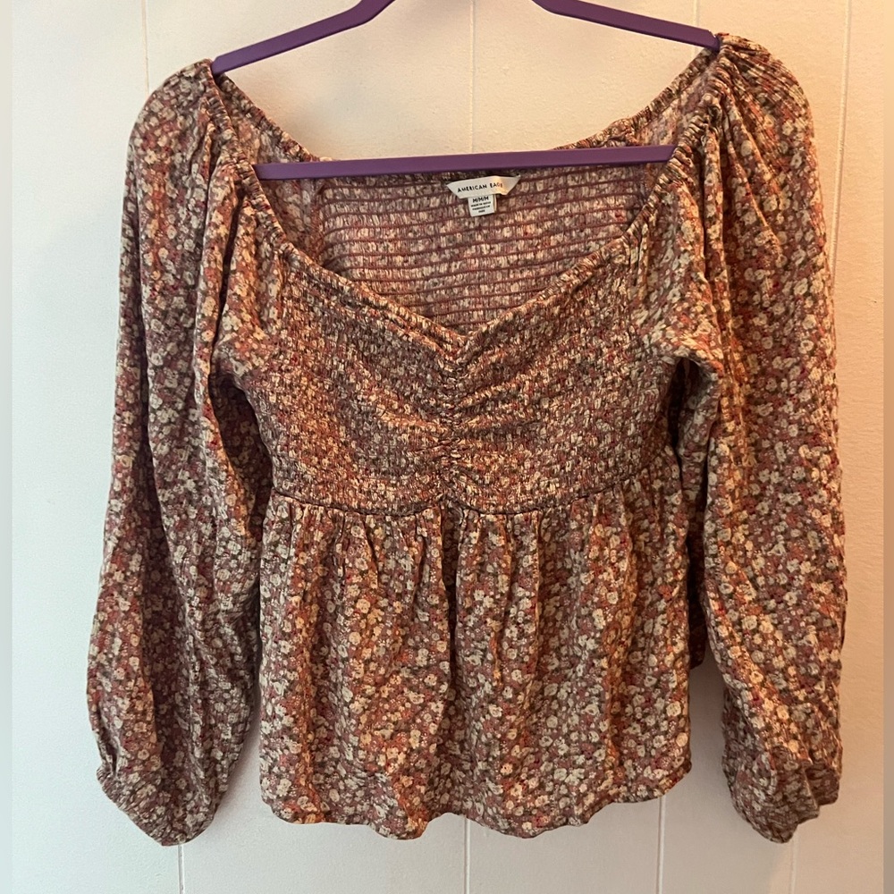 American Eagle Floral Smocked Off the Shoulder Blouse Top Sz M Peasant Viscose
